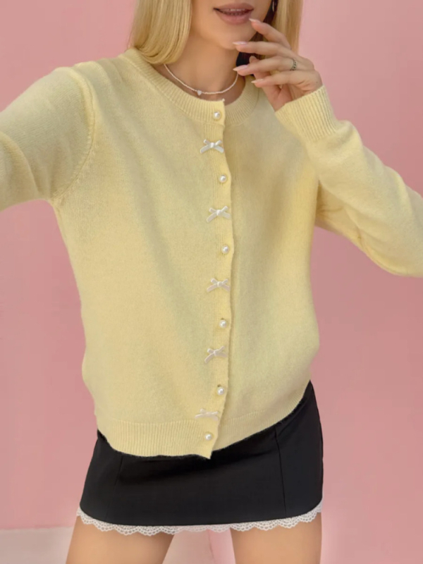 Cardigan tricotat galben deschis, cu funda și nasturi cu perle, stil coreean pentru femei