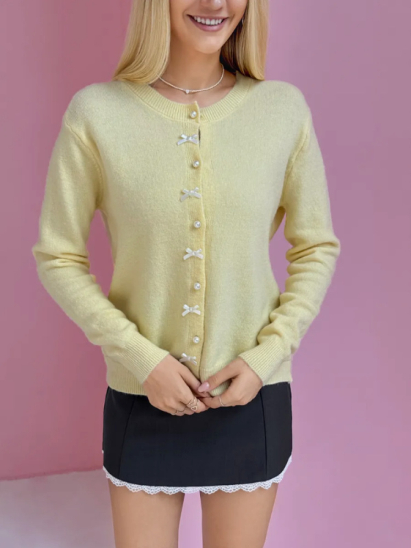 Cardigan tricotat galben deschis, cu funda și nasturi cu perle, stil coreean pentru femei