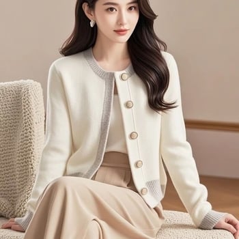 Cardigan tricotat pentru femei, în culoare bloc, inspirat de Chanel, stil casual coreean