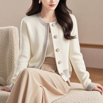 Cardigan tricotat pentru femei, în culoare bloc, inspirat de Chanel, stil casual coreean