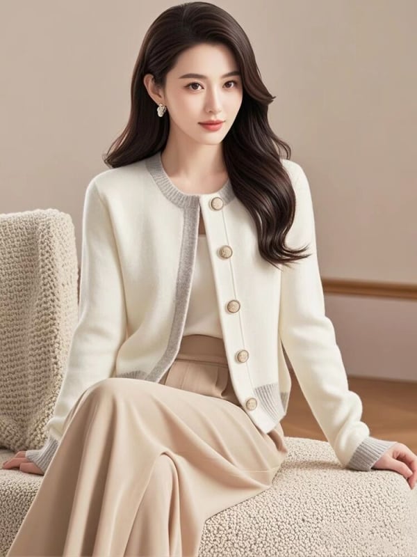 Cardigan tricotat pentru femei, în culoare bloc, inspirat de Chanel, stil casual coreean