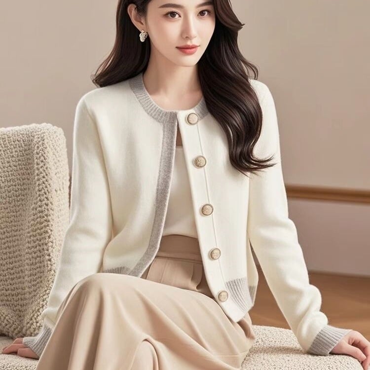 Cardigan tricotat pentru femei, în culoare bloc, inspirat de Chanel, stil casual coreean