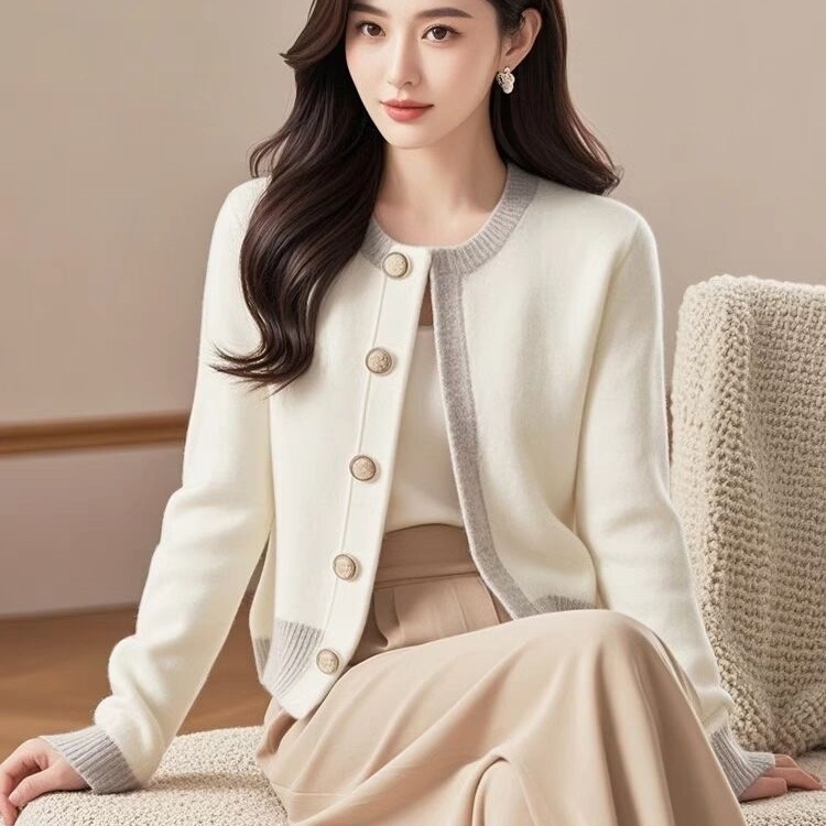 Cardigan tricotat pentru femei, în culoare bloc, inspirat de Chanel, stil casual coreean
