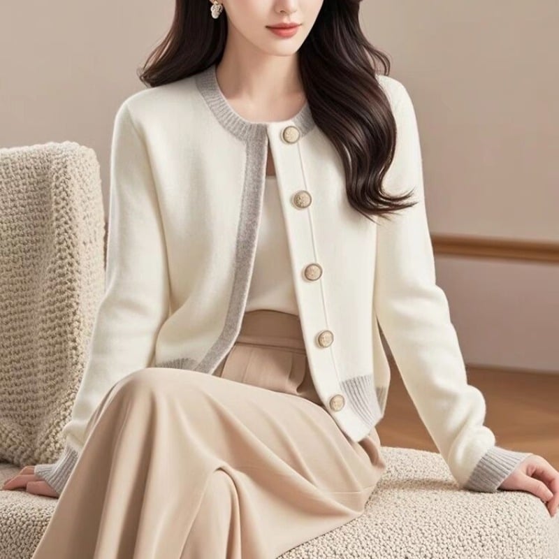 Cardigan tricotat pentru femei, în culoare bloc, inspirat de Chanel, stil casual coreean