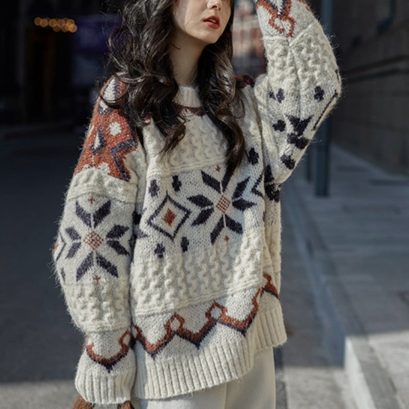 Pulover tricotat larg pentru femei, stil retro de toamnă-iarnă, alb, moale și gros, inspirație japoneză