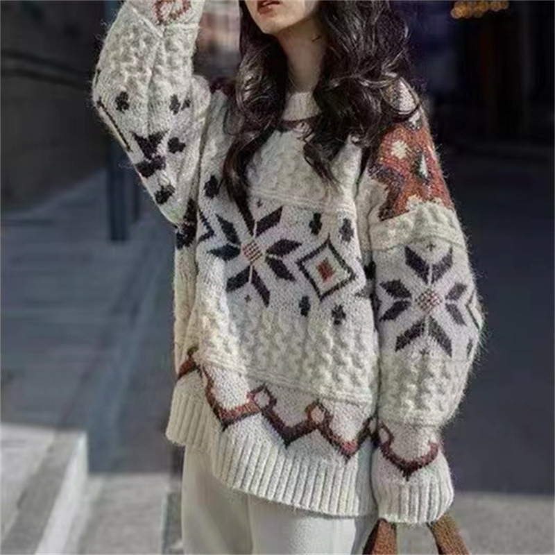 Pulover tricotat larg pentru femei, stil retro de toamnă-iarnă, alb, moale și gros, inspirație japoneză