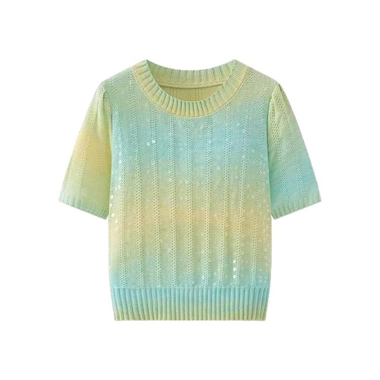 Top tricotat pentru femei, gradient curcubeu, guler rotund, mâneci bufante și paiete