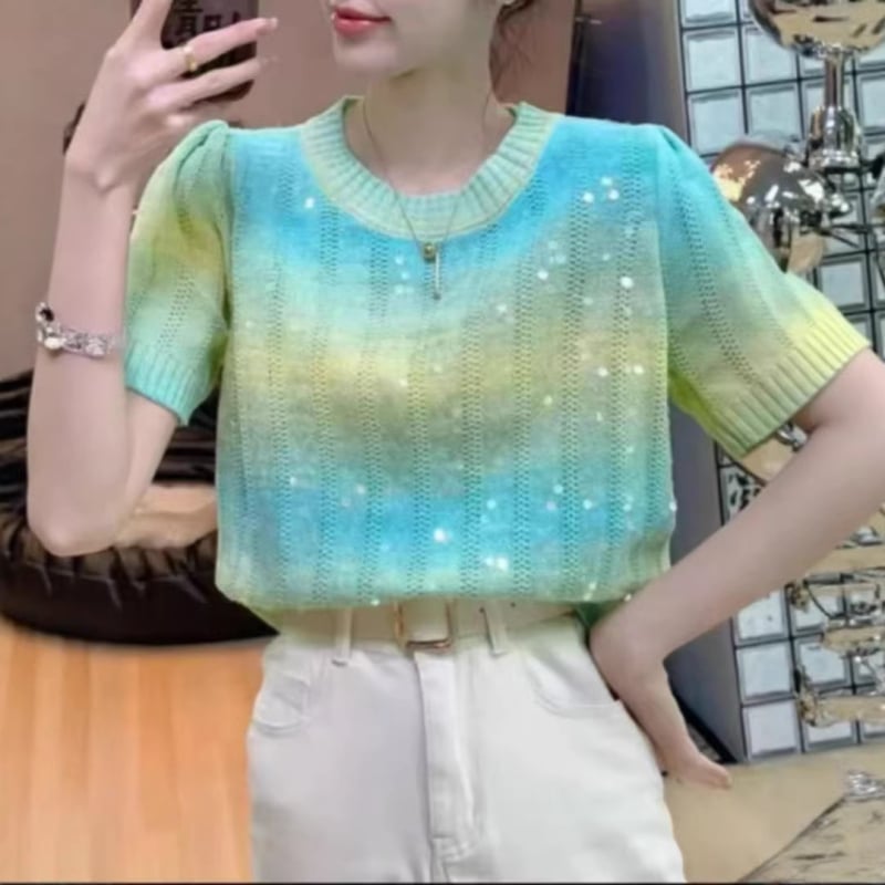 Top tricotat pentru femei, gradient curcubeu, guler rotund, mâneci bufante și paiete