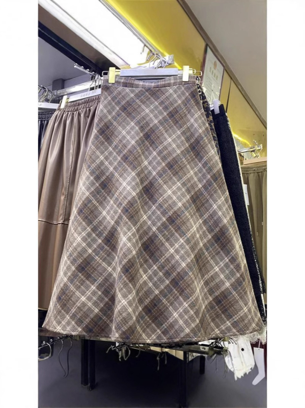 Fustă midi A-line în carouri, stil american vintage, pentru femei, toamnă-iarnă, stil coreean, siluetă subțire