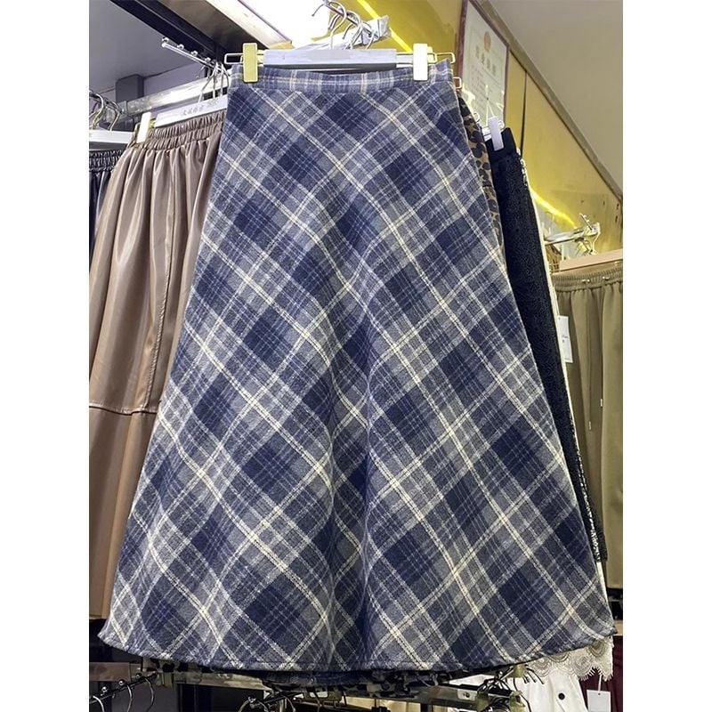 Fustă midi A-line în carouri, stil american vintage, pentru femei, toamnă-iarnă, stil coreean, siluetă subțire