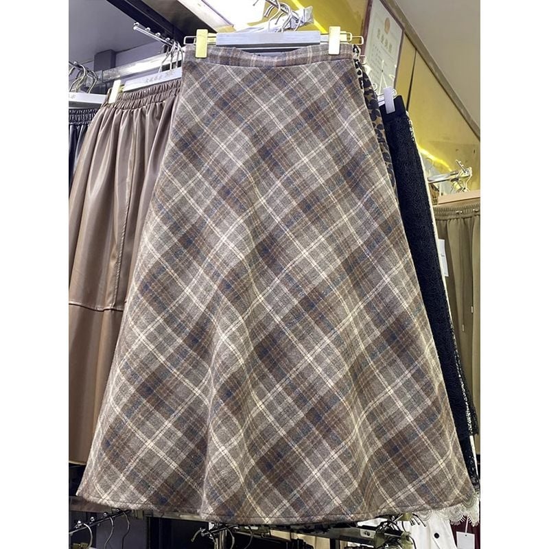 Fustă midi A-line în carouri, stil american vintage, pentru femei, toamnă-iarnă, stil coreean, siluetă subțire