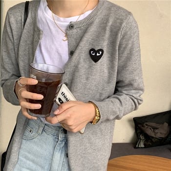 Cardigan tricotat în stil coreean, cu model inimă, pentru femei, mâneci lungi, croială scurtă
