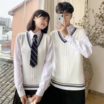Gilet tricot JK în stil japonez, decolteu în V, fără mâneci, bloc de culori, stil colegial