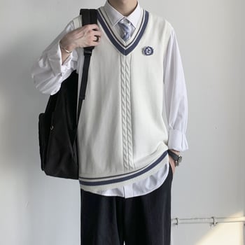 Gilet tricot JK în stil japonez, decolteu în V, fără mâneci, bloc de culori, stil colegial