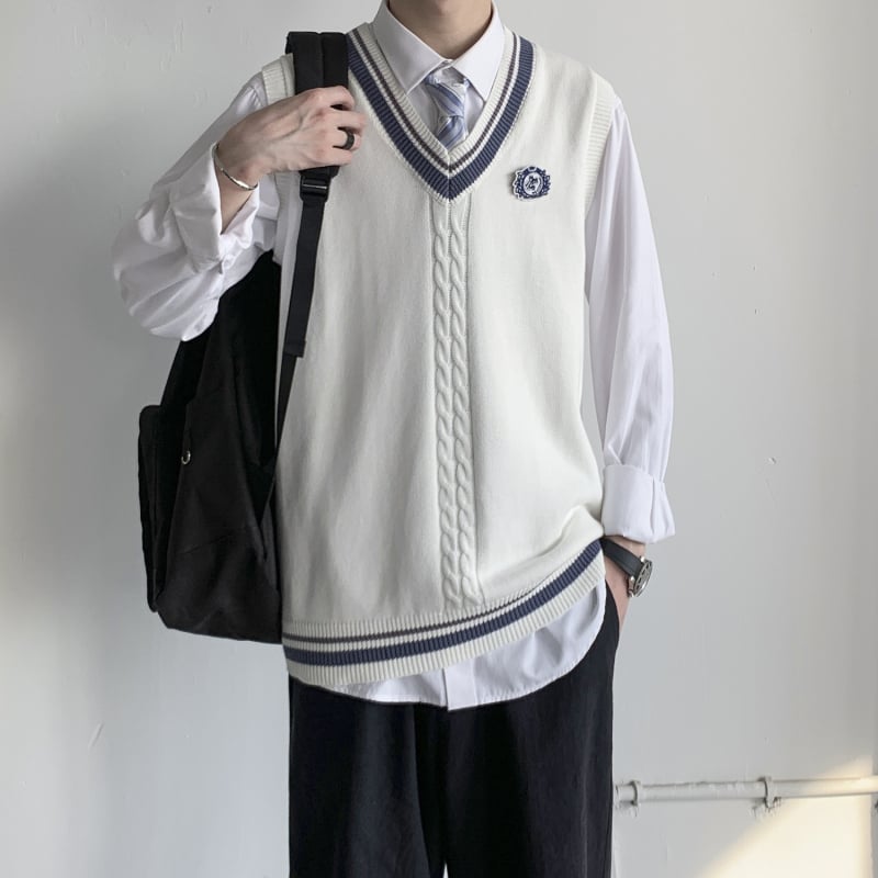 Gilet tricot JK în stil japonez, decolteu în V, fără mâneci, bloc de culori, stil colegial