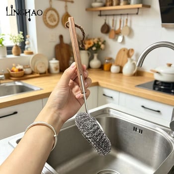 Perie pentru curățat oale, cu mâner din lemn de nuc și peri din oțel inoxidabil 304, pentru grăsime încăpățânată