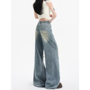 Jeans pentru femei cu talie înaltă, rupturi, croială wide-leg, denim albastru retro