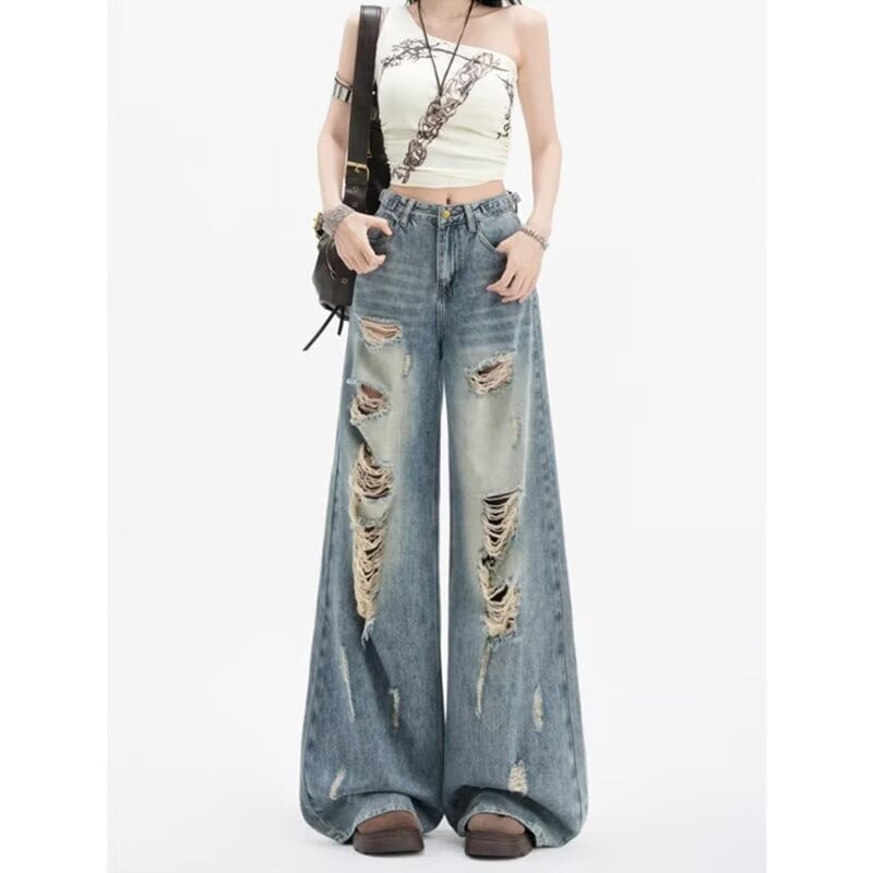 Jeans pentru femei cu talie înaltă, rupturi, croială wide-leg, denim albastru retro