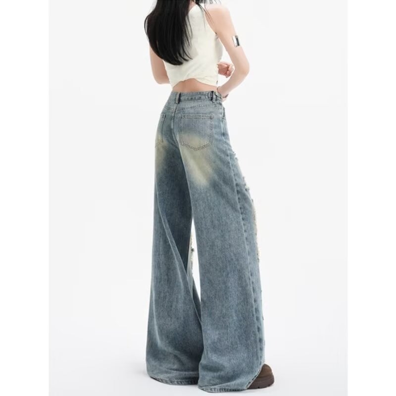 Jeans pentru femei cu talie înaltă, rupturi, croială wide-leg, denim albastru retro