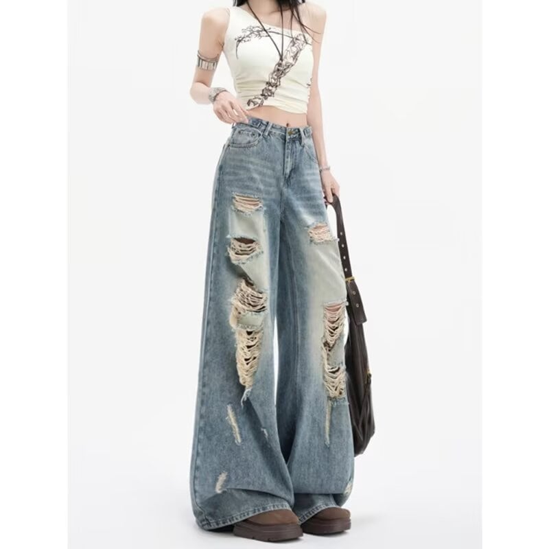 Jeans pentru femei cu talie înaltă, rupturi, croială wide-leg, denim albastru retro