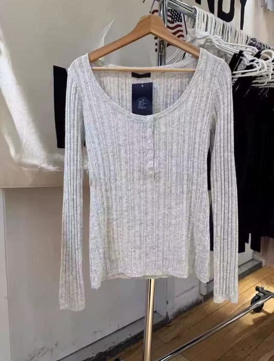 BM pulover gri din bumbac pentru femei, mâneci lungi, croială slim, nasturi în față, șase nasturi