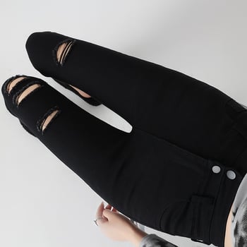 Jeans negri pentru femei, mărime mare, denim rupt, talie înaltă, elastici, croială slim, lungime până la gleznă