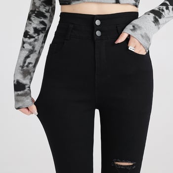 Jeans negri pentru femei, mărime mare, denim rupt, talie înaltă, elastici, croială slim, lungime până la gleznă