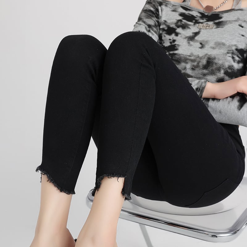 Jeans negri pentru femei, mărime mare, denim rupt, talie înaltă, elastici, croială slim, lungime până la gleznă