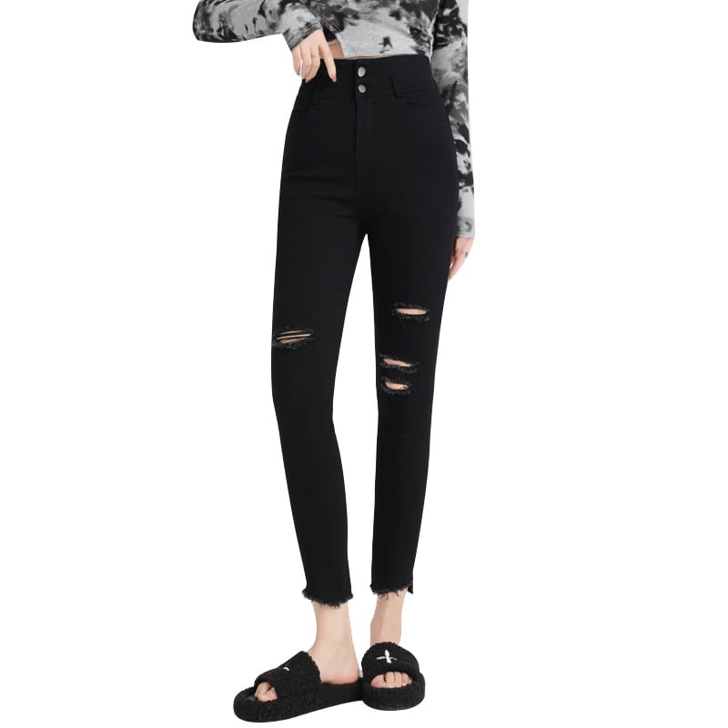 Jeans negri pentru femei, mărime mare, denim rupt, talie înaltă, elastici, croială slim, lungime până la gleznă
