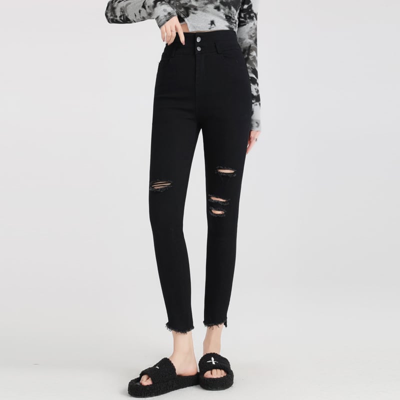 Jeans negri pentru femei, mărime mare, denim rupt, talie înaltă, elastici, croială slim, lungime până la gleznă