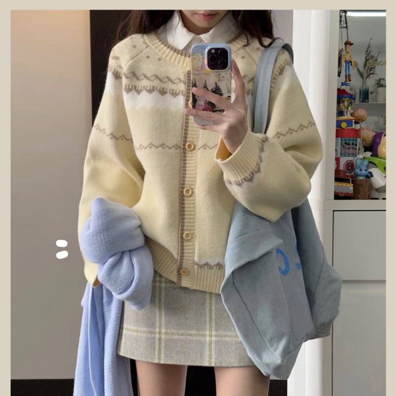 Cardigan tricotat în stil coreean, color-block, cu nasturi pe un singur rând, pentru femei, 2024 toamnă-iarnă
