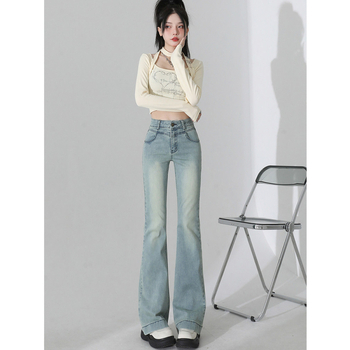 Jeans femei cu talie înaltă și croială evazată, stil american, toamnă–iarna 2025, albastru deschis, elastice, subțiază silueta, pentru siluete mici