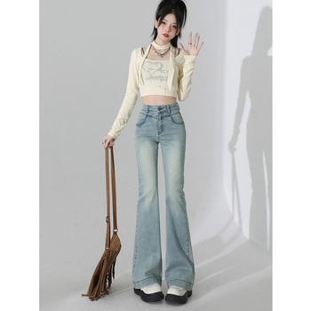 Jeans femei cu talie înaltă și croială evazată, stil american, toamnă–iarna 2025, albastru deschis, elastice, subțiază silueta, pentru siluete mici