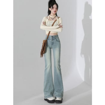 Jeans femei cu talie înaltă și croială evazată, stil american, toamnă–iarna 2025, albastru deschis, elastice, subțiază silueta, pentru siluete mici