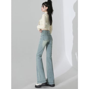 Jeans femei cu talie înaltă și croială evazată, stil american, toamnă–iarna 2025, albastru deschis, elastice, subțiază silueta, pentru siluete mici