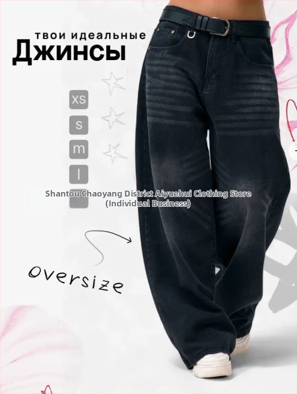 Dámske rifle so širokými nohavicami z praného vintage denimu, vysoký pás, voľný rovný strih, dĺžka po zem