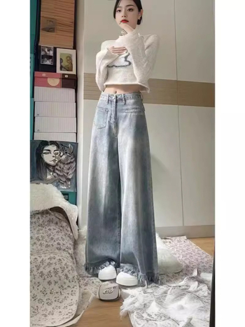 Blugi damă talie înaltă, stil american retro, cu ciucuri, mărime mică, model nou 2024, croială lejeră, largă
