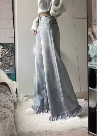 Blugi damă talie înaltă, stil american retro, cu ciucuri, mărime mică, model nou 2024, croială lejeră, largă