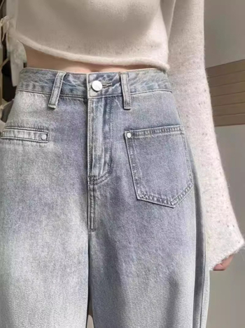 Blugi damă talie înaltă, stil american retro, cu ciucuri, mărime mică, model nou 2024, croială lejeră, largă