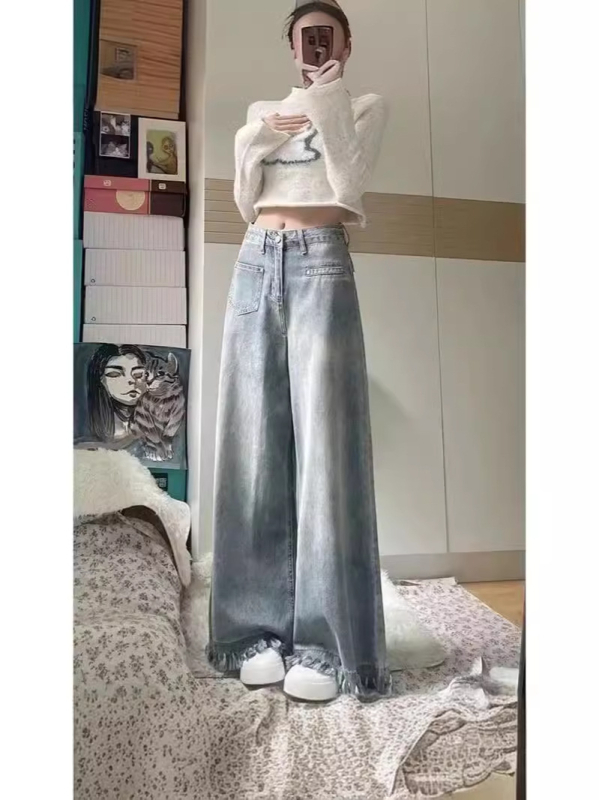 Blugi damă talie înaltă, stil american retro, cu ciucuri, mărime mică, model nou 2024, croială lejeră, largă