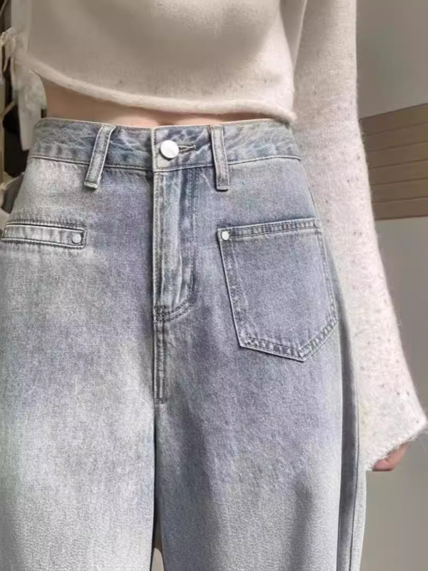 Blugi damă talie înaltă, stil american retro, cu ciucuri, mărime mică, model nou 2024, croială lejeră, largă