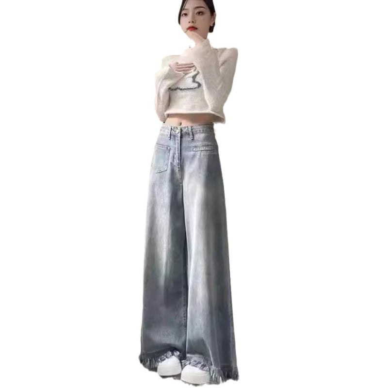 Blugi damă talie înaltă, stil american retro, cu ciucuri, mărime mică, model nou 2024, croială lejeră, largă