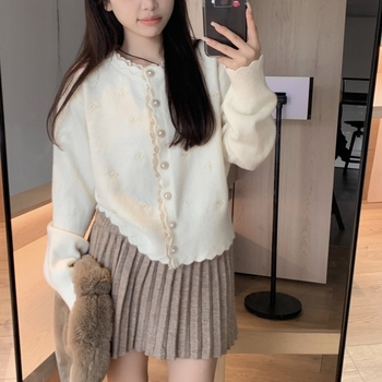 Cardigan tricotat cu broderie florală și dantelă, stil coreean, croială lejeră, feminin, pentru toamnă și iarnă