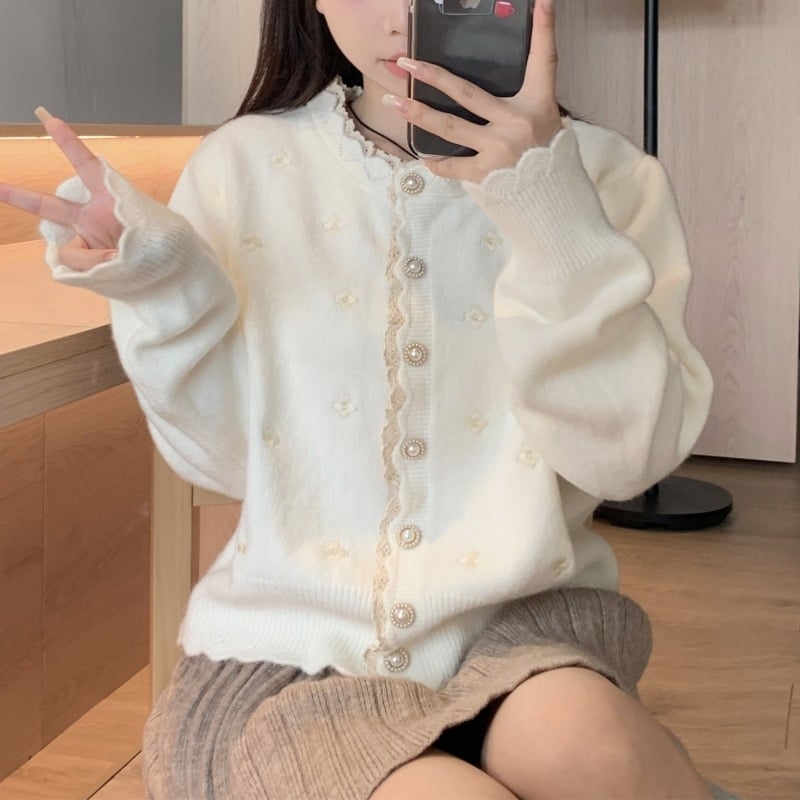 Cardigan tricotat cu broderie florală și dantelă, stil coreean, croială lejeră, feminin, pentru toamnă și iarnă