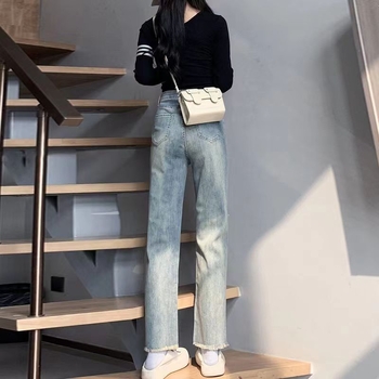Jeans albastru deschis pentru femei, talie înaltă, elastici, croială dreaptă, stil casual lejer pentru primăvară și toamnă
