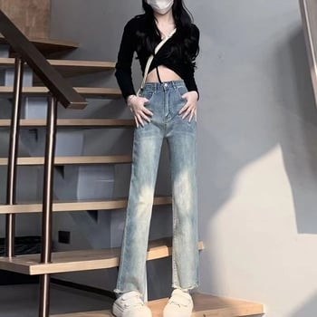 Jeans albastru deschis pentru femei, talie înaltă, elastici, croială dreaptă, stil casual lejer pentru primăvară și toamnă