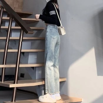 Jeans albastru deschis pentru femei, talie înaltă, elastici, croială dreaptă, stil casual lejer pentru primăvară și toamnă