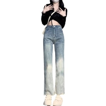 Jeans albastru deschis pentru femei, talie înaltă, elastici, croială dreaptă, stil casual lejer pentru primăvară și toamnă
