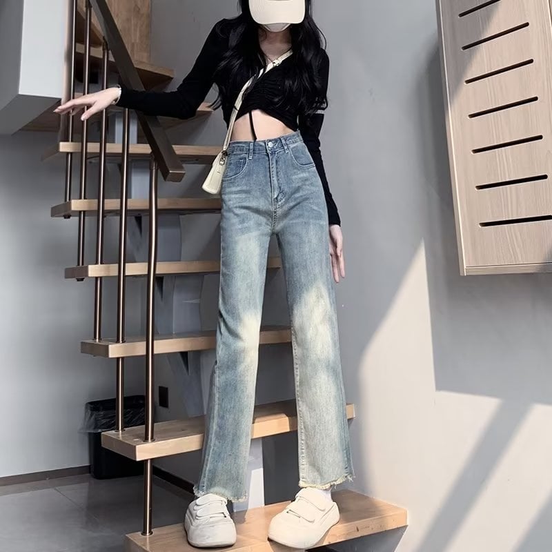 Jeans albastru deschis pentru femei, talie înaltă, elastici, croială dreaptă, stil casual lejer pentru primăvară și toamnă