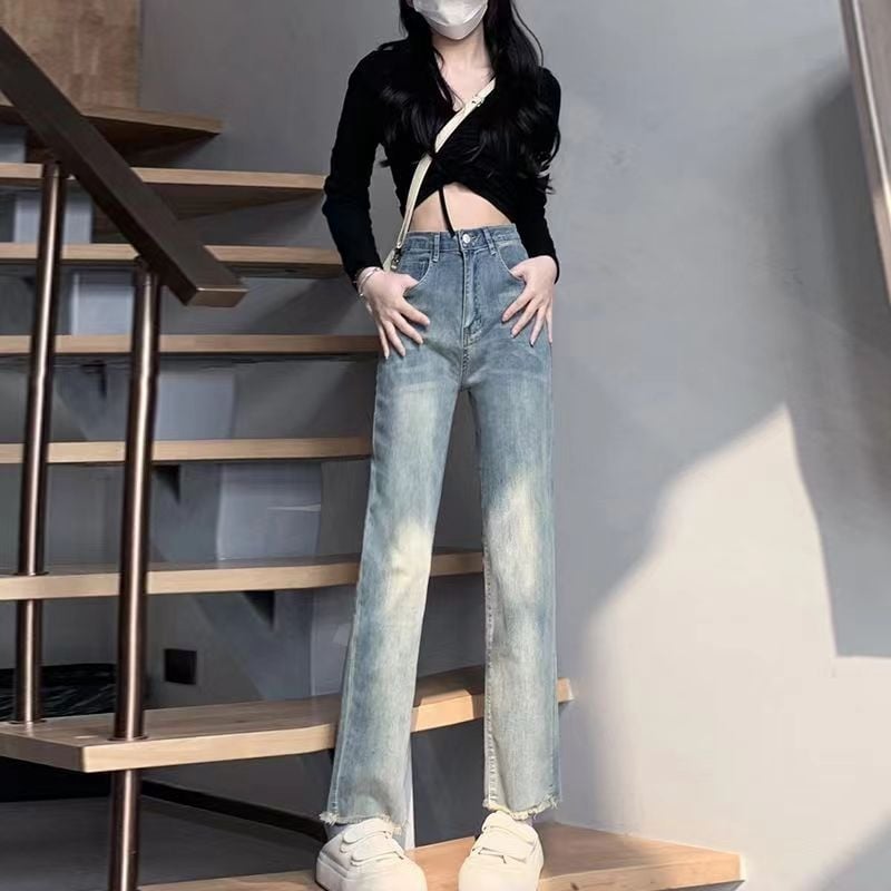 Jeans albastru deschis pentru femei, talie înaltă, elastici, croială dreaptă, stil casual lejer pentru primăvară și toamnă